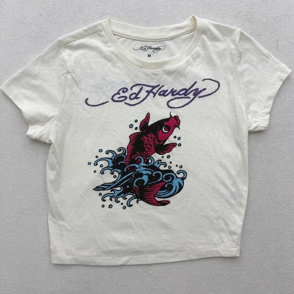 Ed Hardy Graphic Tee Kids M Medium Cream Koi Fish Tattoo‎ Casual Skater Y2K